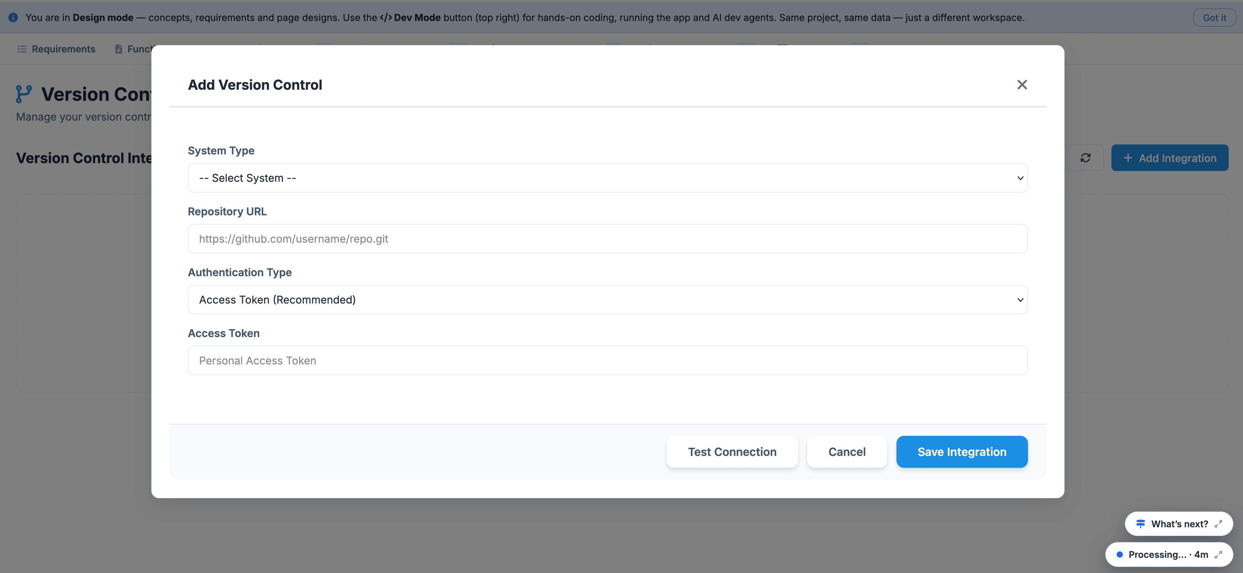 Add Version Control Integration Modal